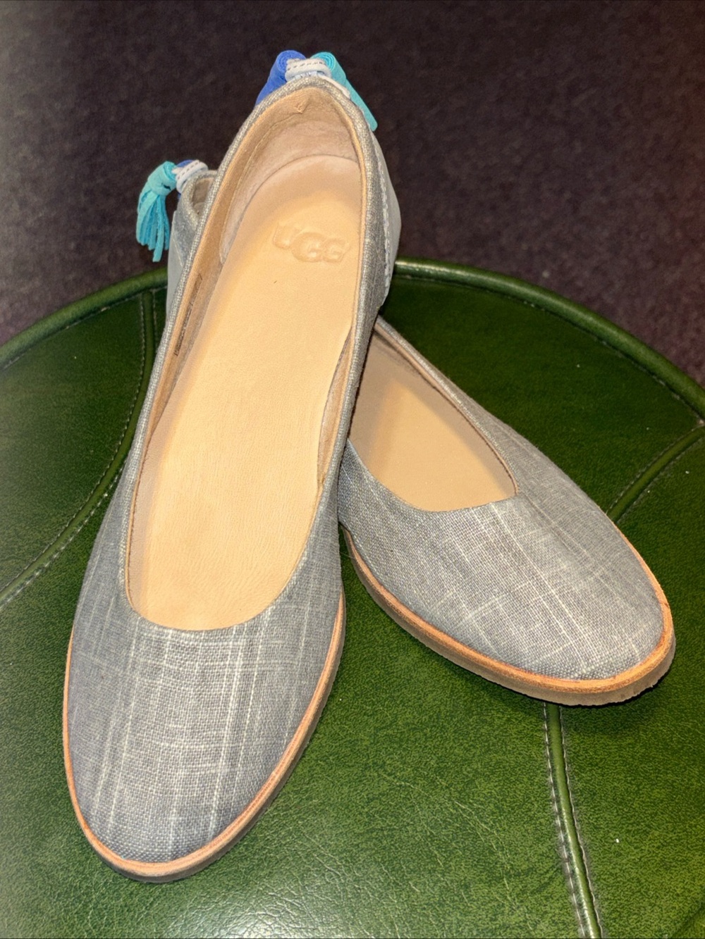 UGG Grey Linen Ballet Flats with Tassel and leather Accents NWOB US Size 6